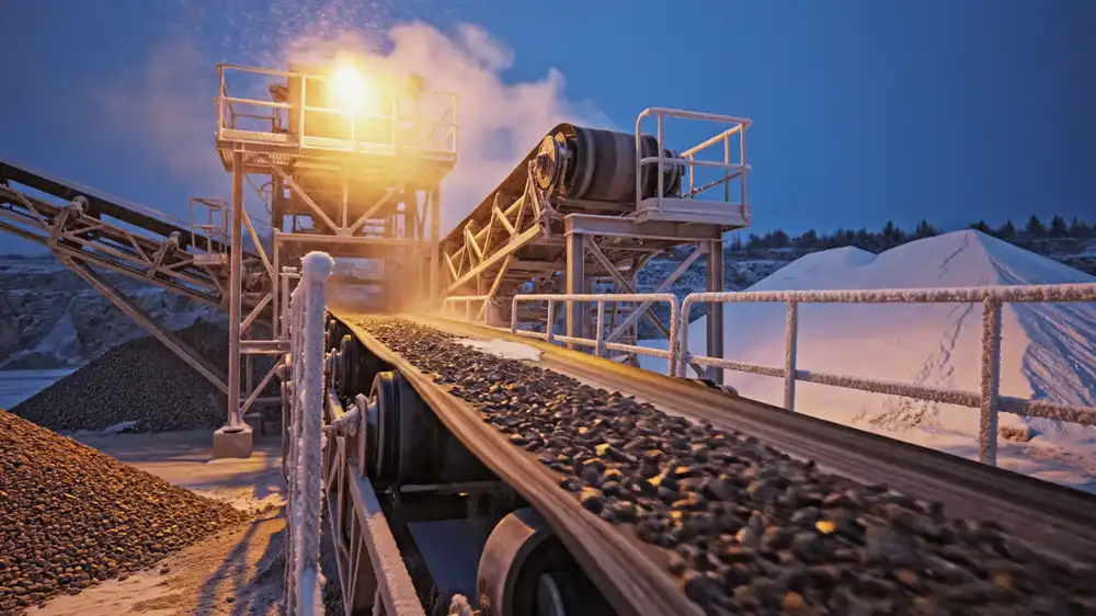 Inclined belt conveyor carrying crushed stone at dusk with snow-covered stockpiles