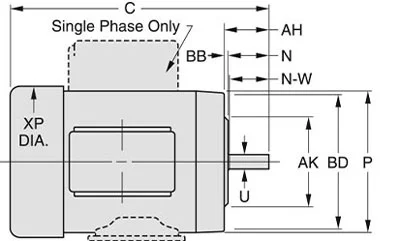 C-face NEMA motor dimension diagram showing C, AH, BB, N, N-W, AK, BD, P, U and XP DIA