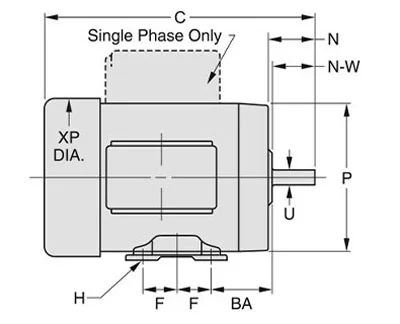 Rigid base mount NEMA motor dimension diagram showing C, N, N-W, P, U, XP DIA, F, F, BA and H